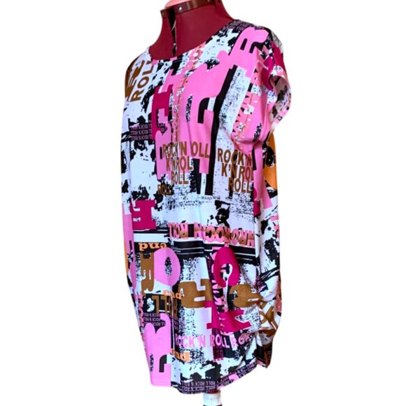 LOBO / Pink B&W - Graphic Print Women's Top Tunic short sleeves/ Large - Picture 2 of 12